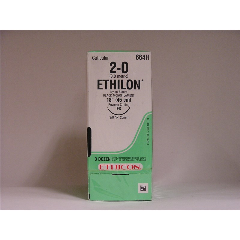 Suture 2/0 Ethilon 18&quot; Black (FS) 26mm 3/8&quot; Circle Reverse Cutting 36ct
