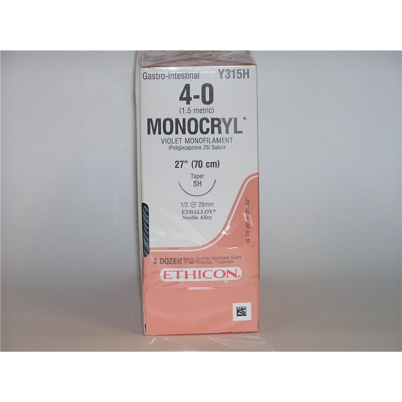Suture 4/0 Monocryl 27&quot; (SH) 26mm 1/2&quot; Circle Taper Point 36ct
