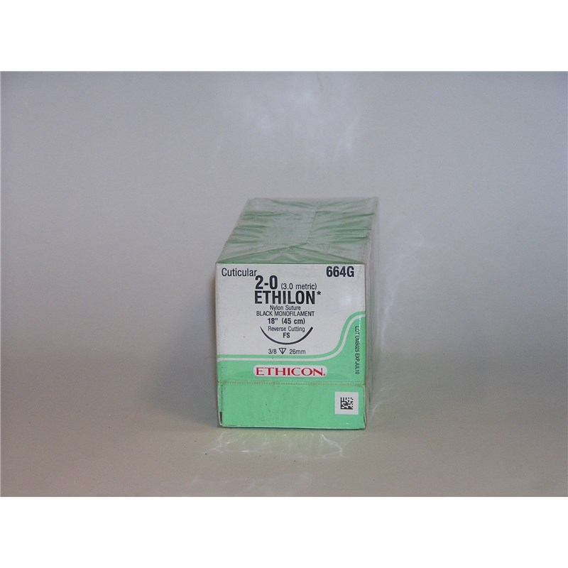 Suture 2/0 Ethilon 18&quot; Black (FS) 26mm 3/8&quot; Circle Reverse Cutting 18ct