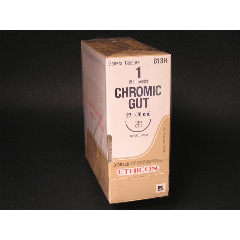 Suture 1 Chromic Catgut 27&quot; (CT-1) 36mm 1/2&quot; Circle Taper Point 36ct