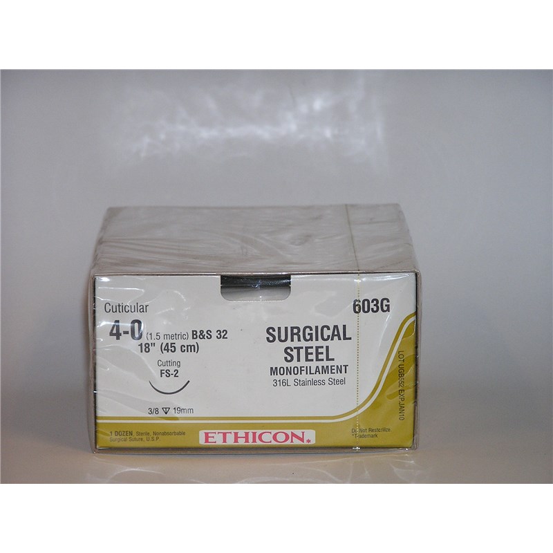 Suture 4/0 Steel 18&quot; Silver (FS-2) 19mm 3/8&quot; Circle Reverse Cutting 12ct