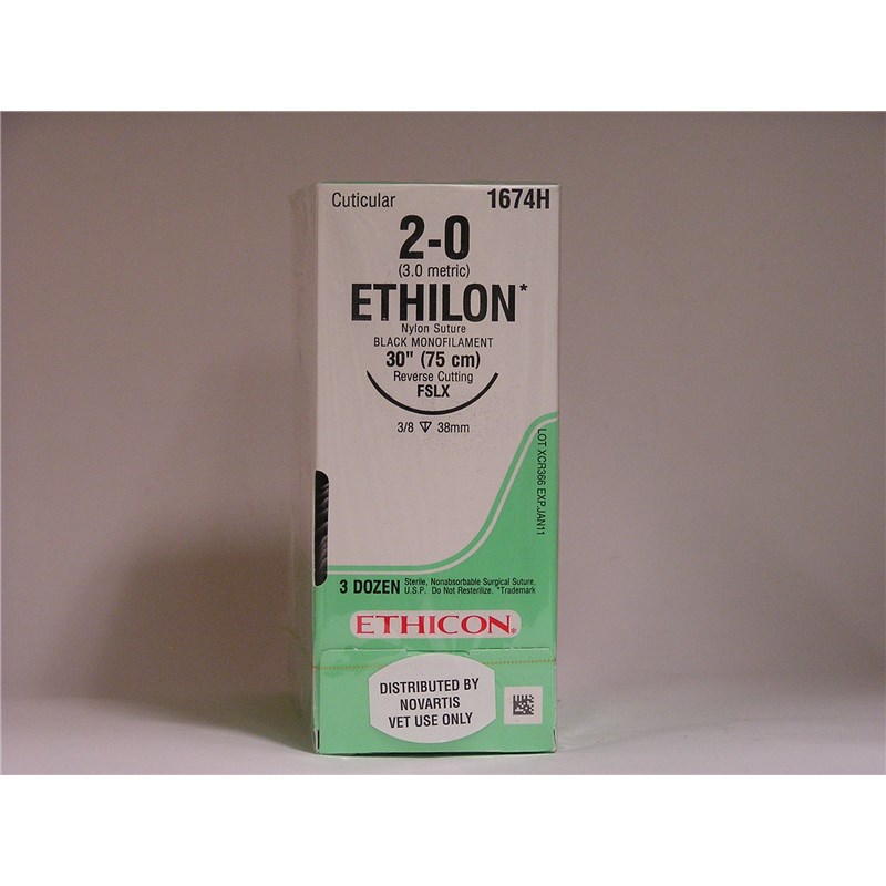 Suture 2/0 Ethilon 30&quot; Black (FSLX) 40mm 3/8&quot; Circle Reverse Cutting 36ct