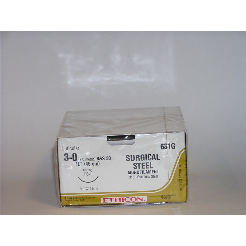 Suture 3/0 Steel 18&quot; Silver (FS-1) 24mm 3/8&quot; Circle Reverse Cutting 12ct