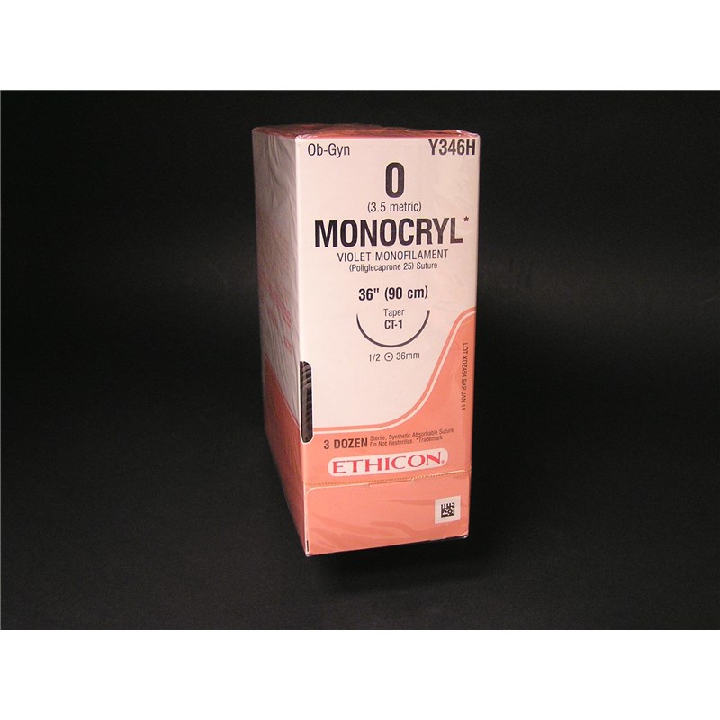 Suture 0 Monocryl 36&quot; Violet (CT-1) 36mm 1/2&quot; Circle Taper Point 36ct