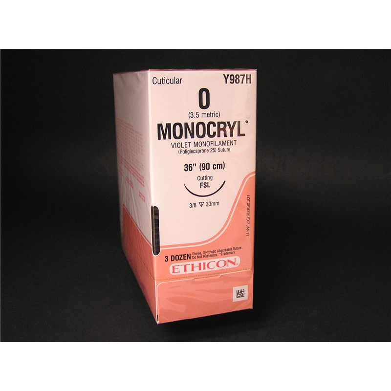 Suture 0 Monocryl 36&quot; (FSL) 30mm 3/8&quot; Circle Reverse Cutting 36ct