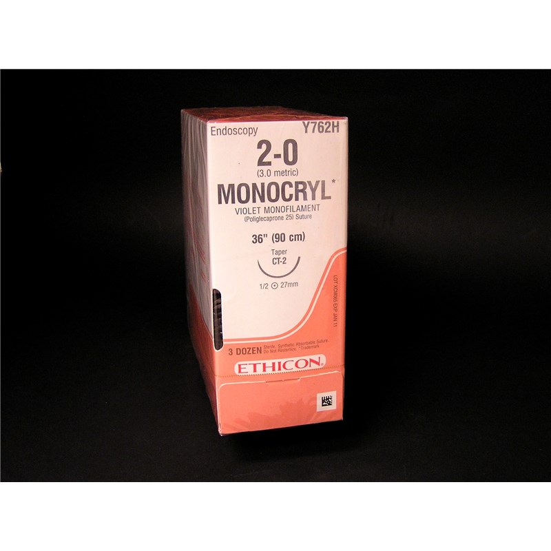 Suture 2/0 Monocryl 36&quot; Violet (CT-2) 27mm 1/2&quot; Circle Taper Point 36ct
