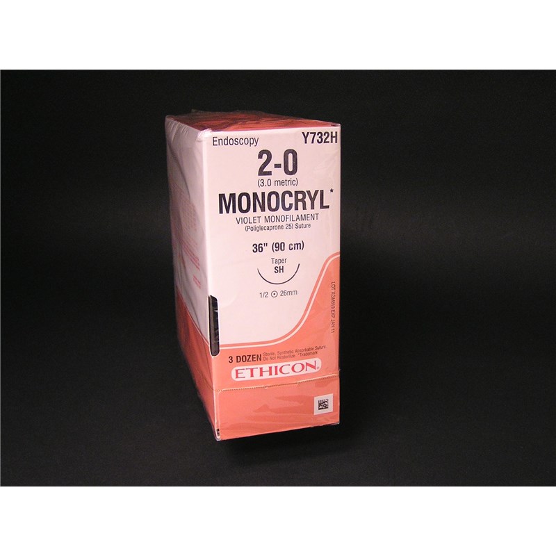 Suture 2/0 Monocryl 36&quot; (SH) 26mm 1/2&quot; Circle Taper Point 36ct