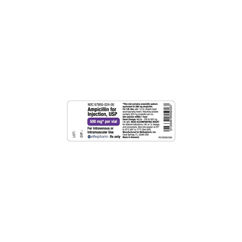 Ampicillin Injection SDV 500mg 10 vial pack Methapharm Label Human