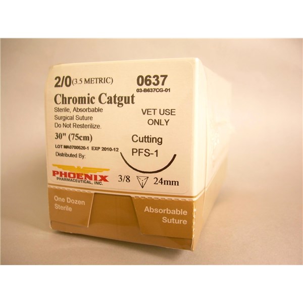 Suture 2/0 Catgut 30&quot; (PFS-1) 24mm 3/8&quot; Circle Reverse Cutting  12ct