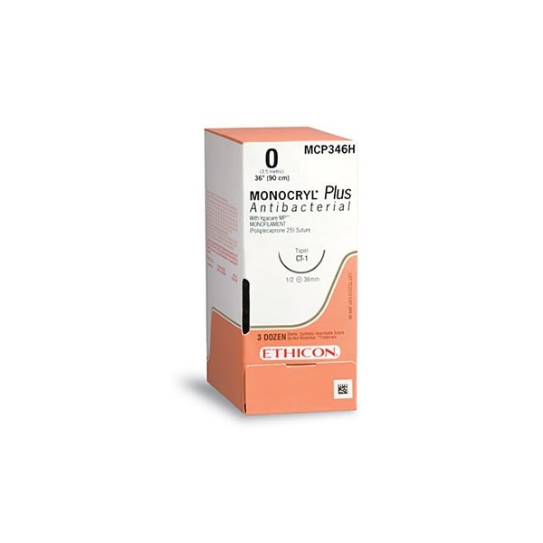 Suture 4/0 Monocryl Plus 27&quot; (SH) 26mm 1/2&quot; Circle Taper Point 36ct