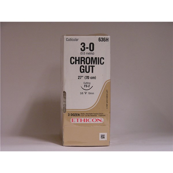 Suture 3/0 Chromic Catgut 27&quot; (FS-2) 19mm 3/8&quot; Circle Reverse Cutting 36ct