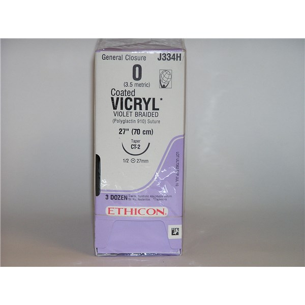 Suture 0 Vicryl 27&quot; (CT-2) 26mm 1/2&quot; Circle Taper Point  36ct