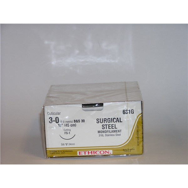 Suture 3/0 Steel 18&quot; Silver (FS-1) 24mm 3/8&quot; Circle Reverse Cutting 12ct