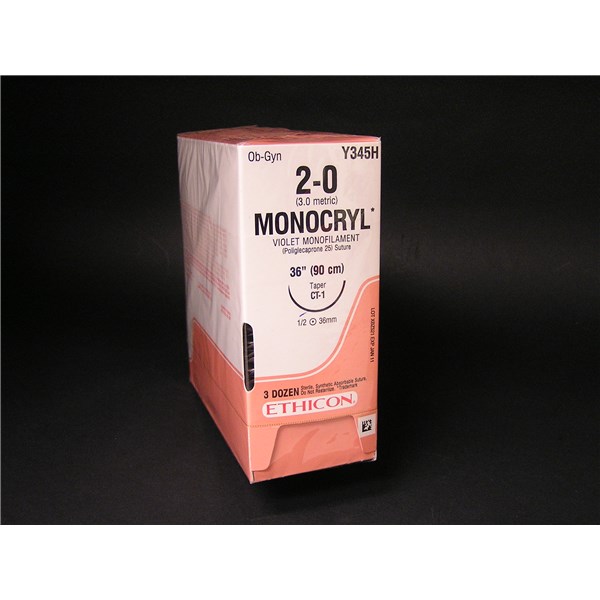 Suture 2/0 Monocryl 36&quot; (CT-1) 36mm 1/2&quot; Circle Taper Point 36ct