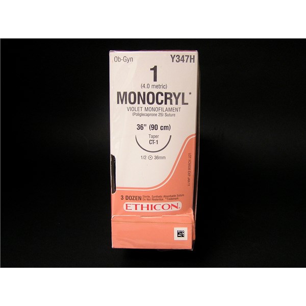 Suture 1 Monocryl 36&quot; Violet (CT-1) 36mm 1/2&quot; Circle Taper Point 36ct
