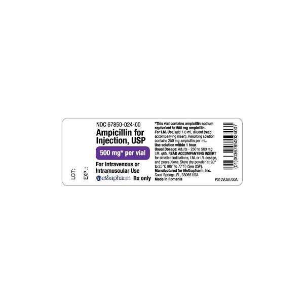 Ampicillin Injection SDV 500mg 10 vial pack Methapharm Label Human